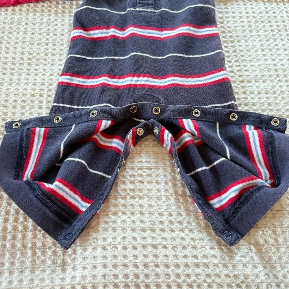 Vintage LAND’S END 3-6 Month Polo Striped Jumpsuit Layered Long Sleeves Snaps
